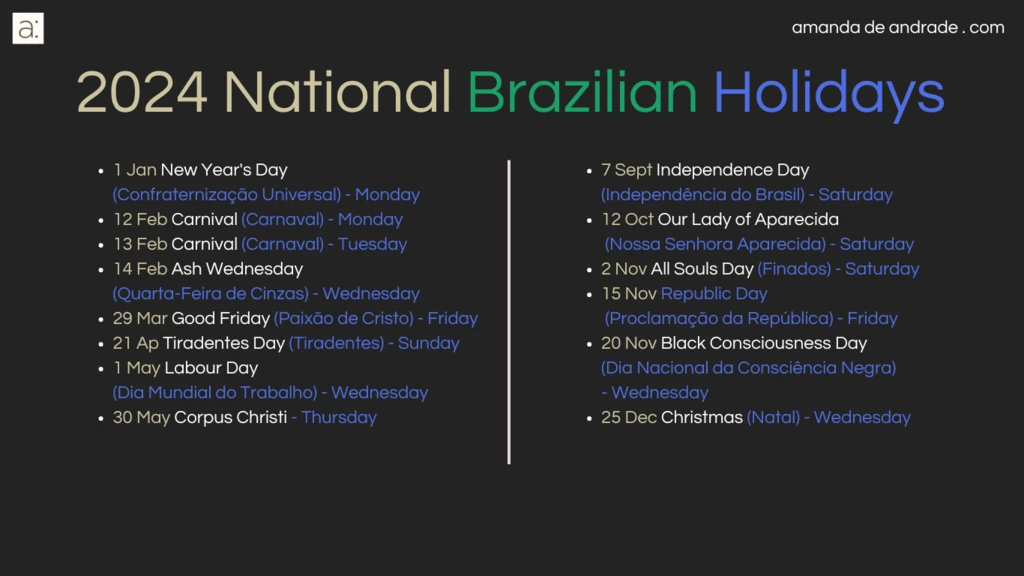 2024 Basic Official Dates of National Brazilian Holidays for Language Localization & Marketing in Brazil