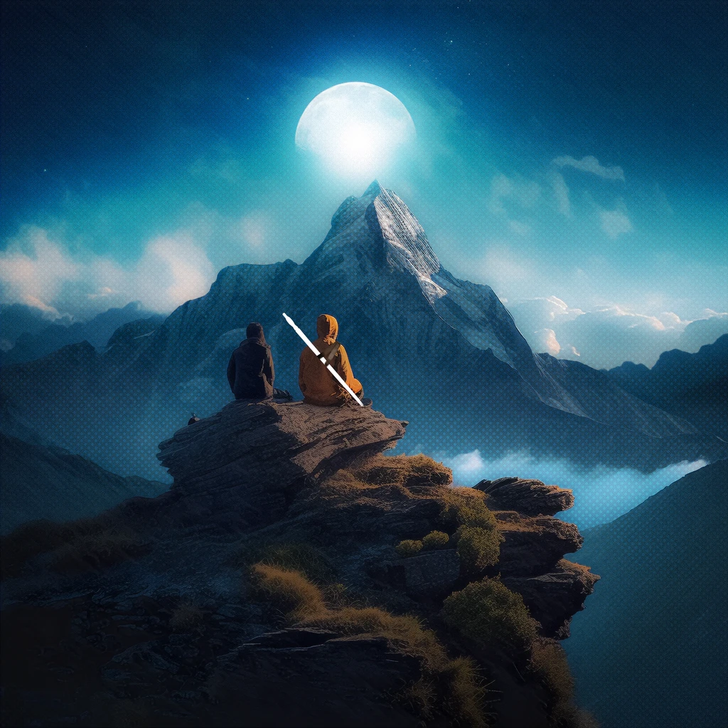 shifu and student on the top of a mountain with a big white moon above them
