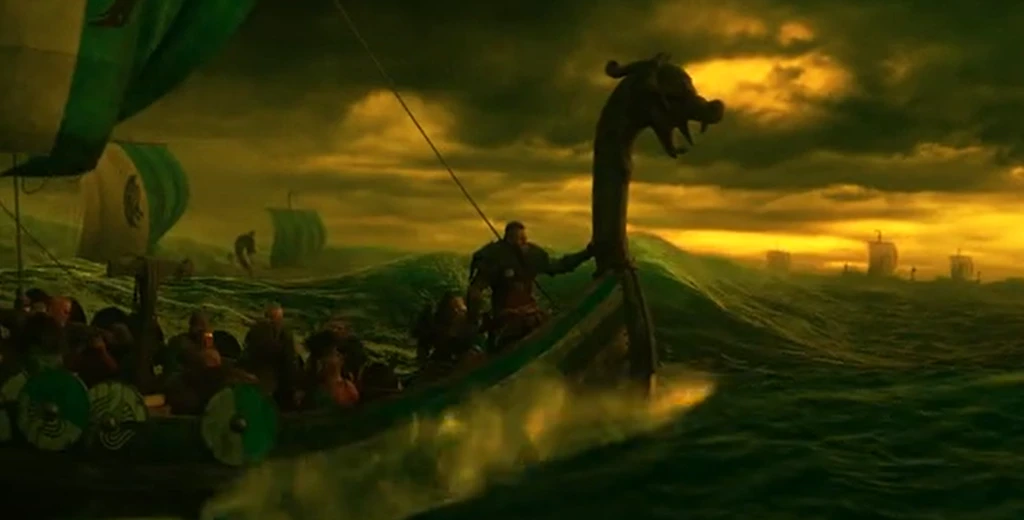 vikings on a ship in the sea with other ships far away in the ocean under a cloudy yellow sky
